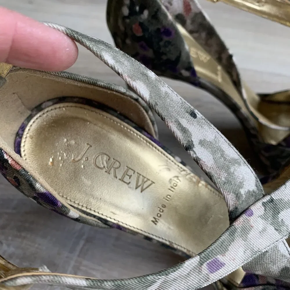 J. Crew Heels Floral Peep Toe Platform Green Purple Ankle Sandals 7.5 $295 Italy